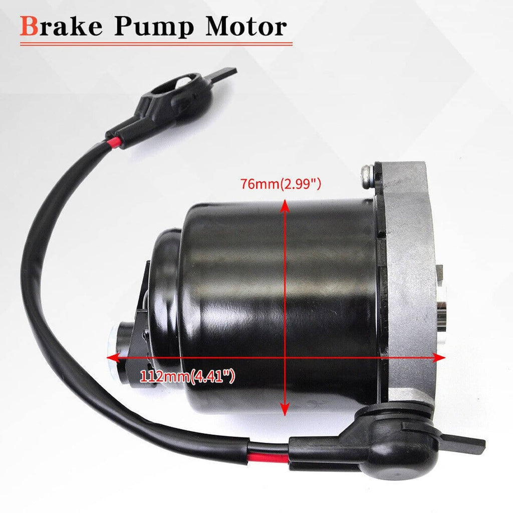 Brake pump motor with black housing and wiring harness, with size measurements