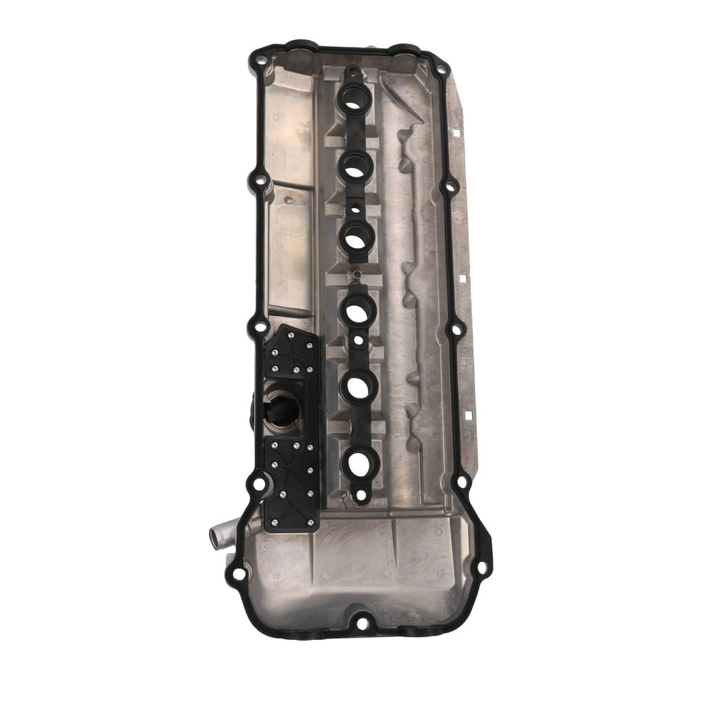 Metal engine valve cover with gasket, exposed interior channels and bolt holes