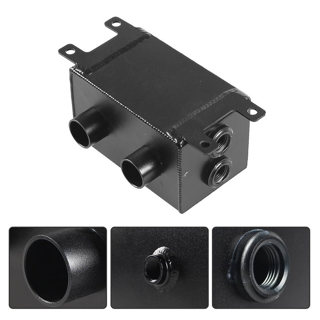Black dual breather oil catch can with two hose openings and two side threaded ports