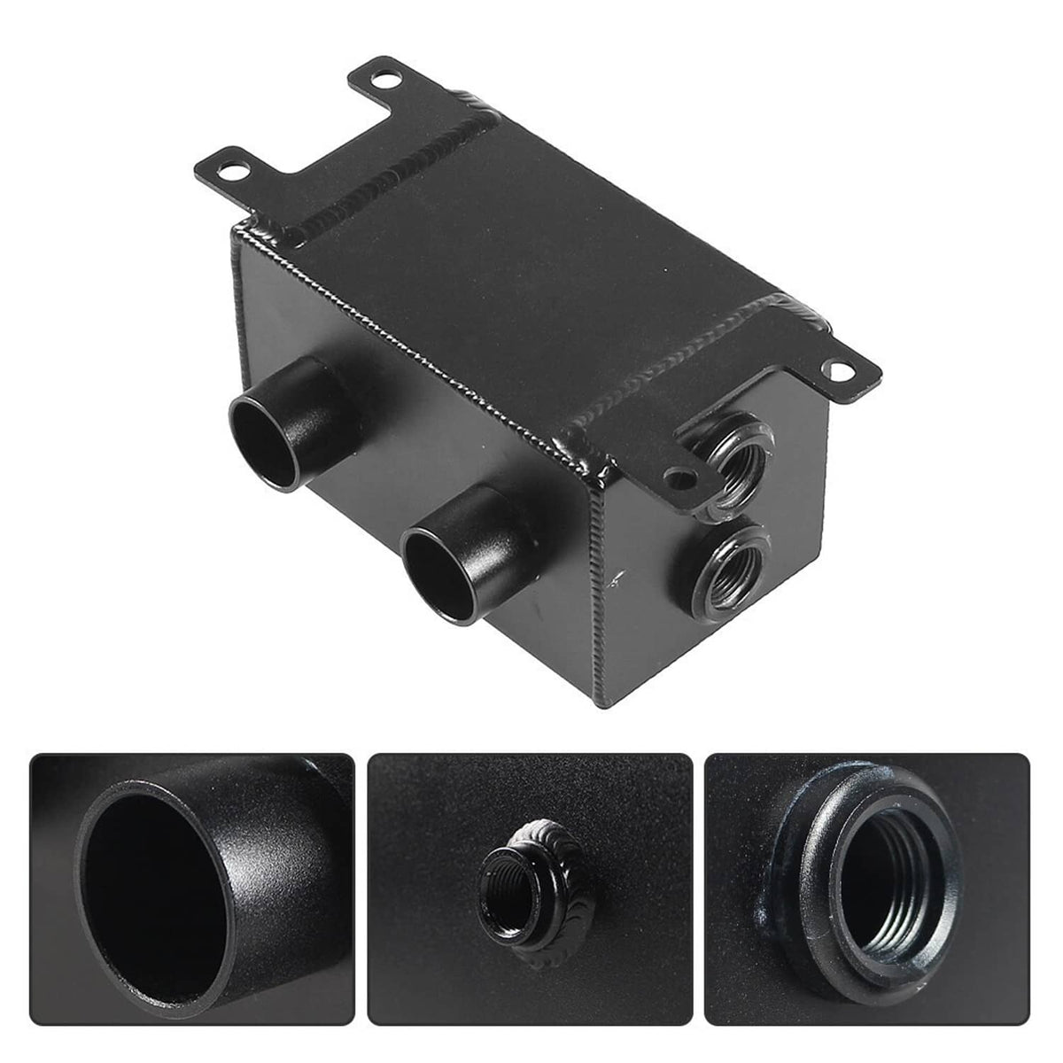 Black dual breather oil catch can with two hose openings and two side threaded ports