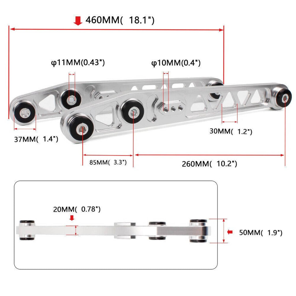 Silver rear control arm with multiple pivot bushings and subframe brace length dimensions