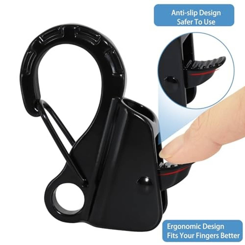 Black sliding anchor hook with anti-slip and ergonomic design, side latch detail