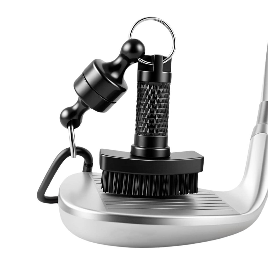Mini golf club brush with black bristle head and magnetic base cleaner tool