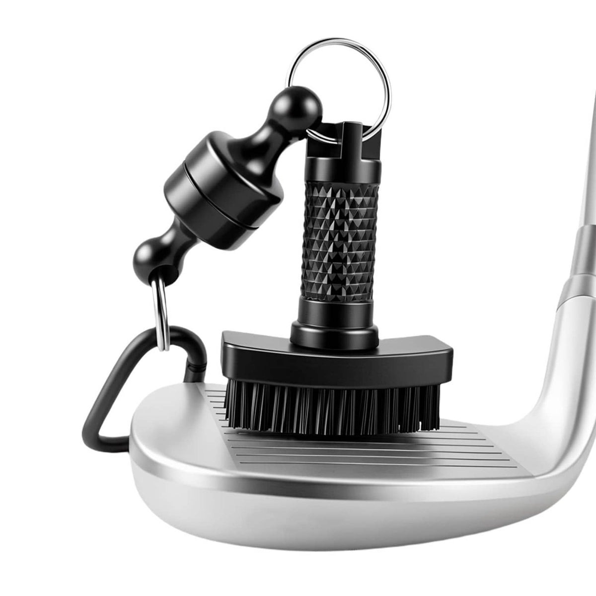 Mini golf club brush with black bristle head and magnetic base cleaner tool