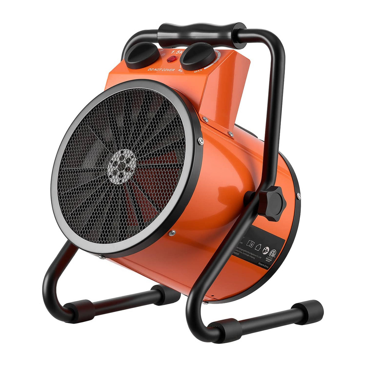 Electric greenhouse heater with front fan grille, black stand handles, and orange housing
