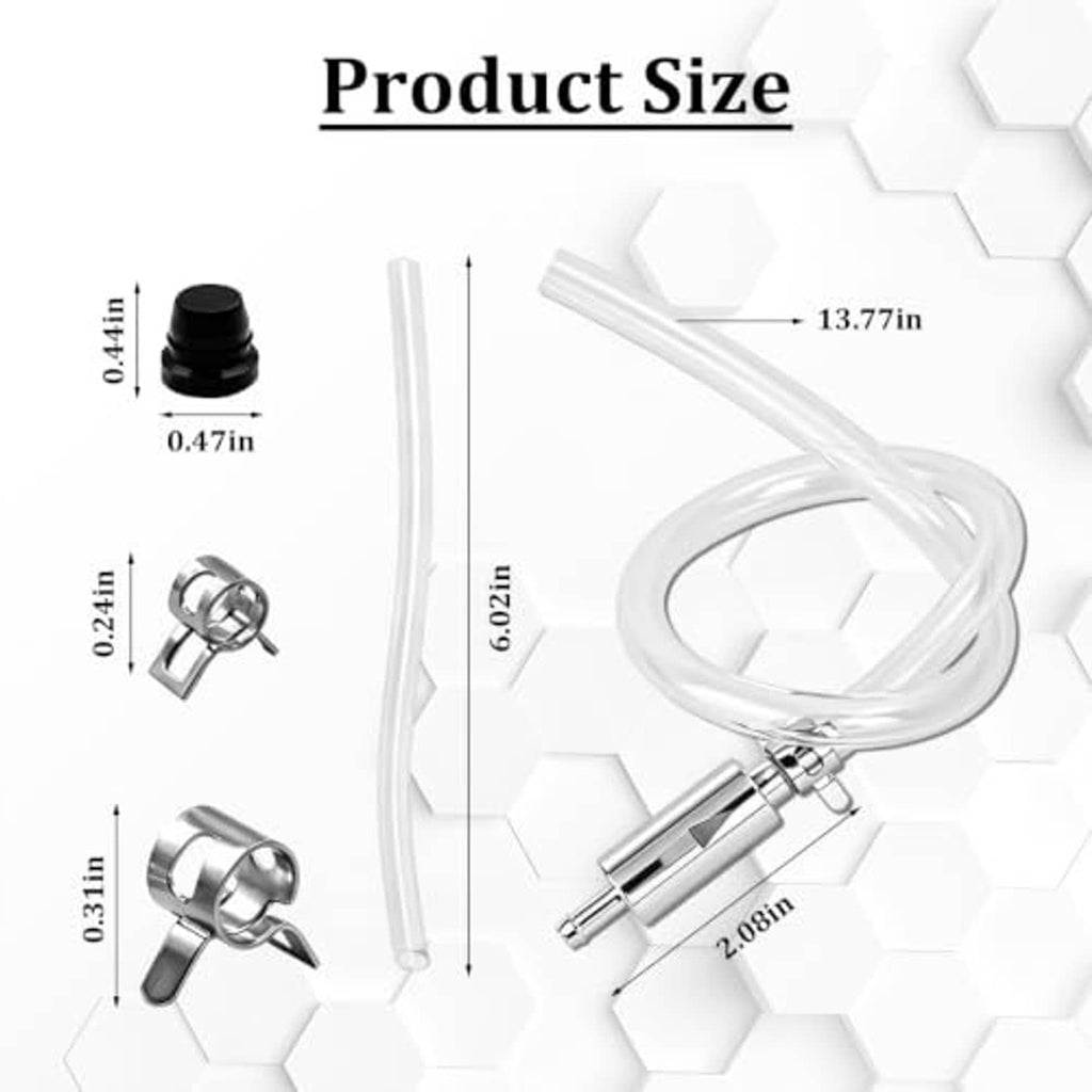 Brake bleeder hose kit with one-way valve tool, clear hose, and dimension labels