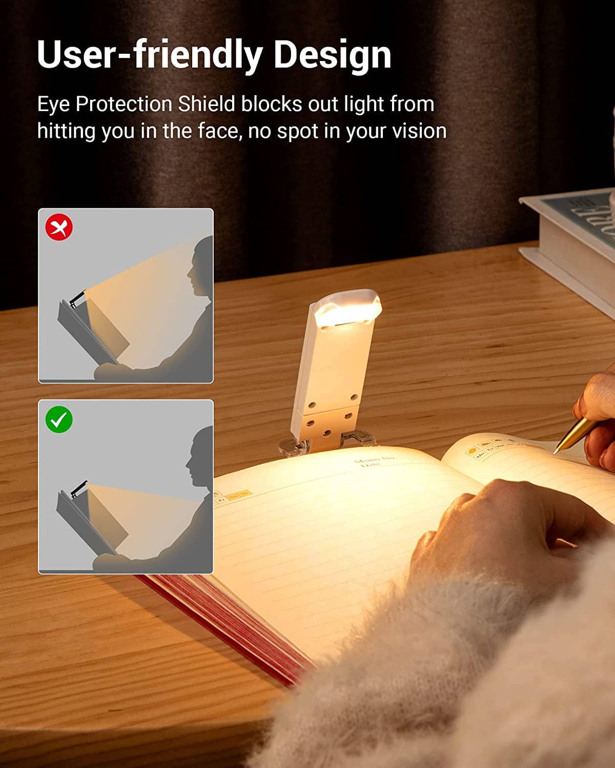 Clip-on LED book light with a light shield, creating a focused reading beam