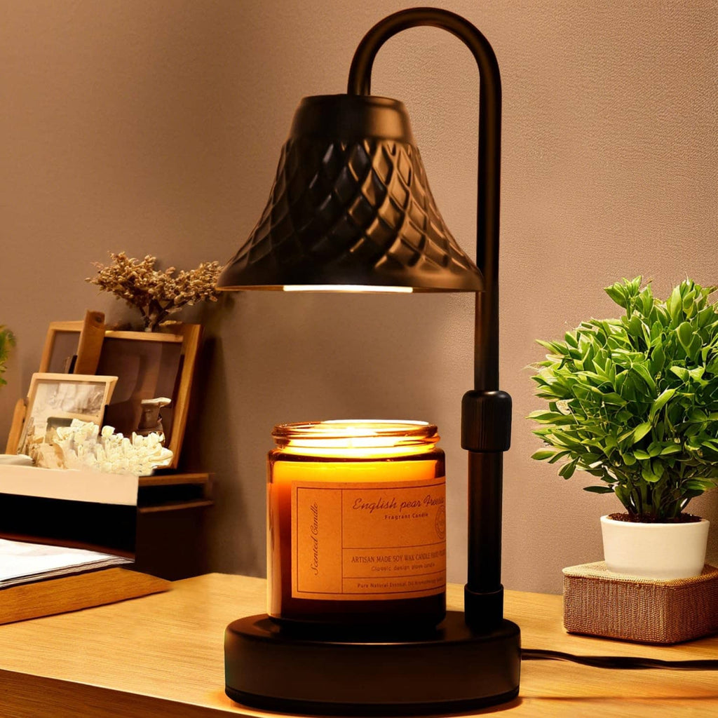 Black adjustable candle warmer lamp with arched frame and domed shade