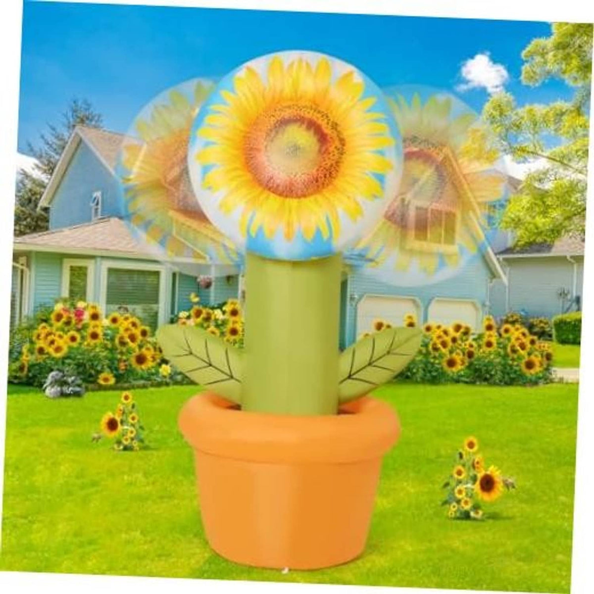 Inflatable sunflower garden decoration with yellow flower head, green stem, orange pot