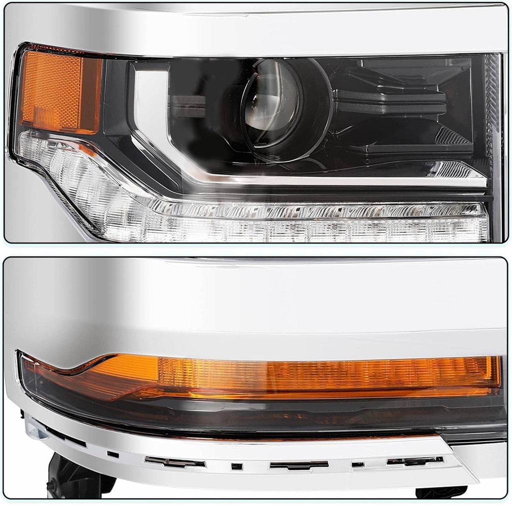 Passenger-side headlight with round projector, clear lens, and amber running and signal lights