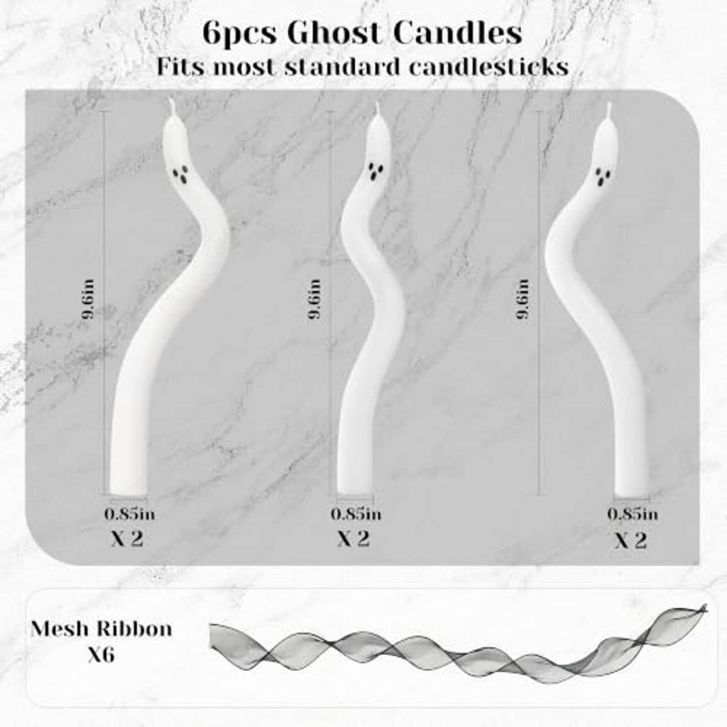 Package view of six white twisting ghost candles with black ribbon and size guide