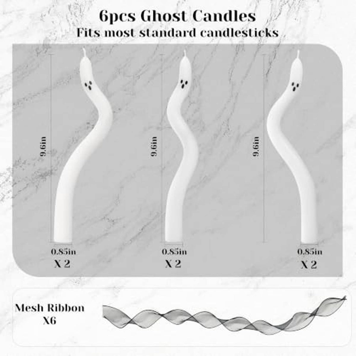 Package view of six white twisting ghost candles with black ribbon and size guide