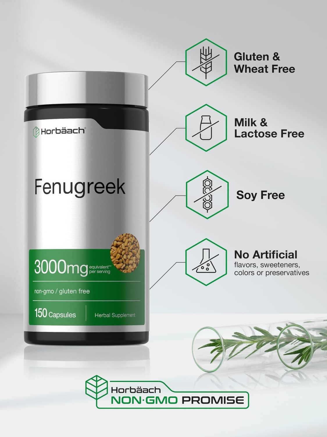Fenugreek supplement bottle with gluten & wheat free, milk & lactose free, soy free