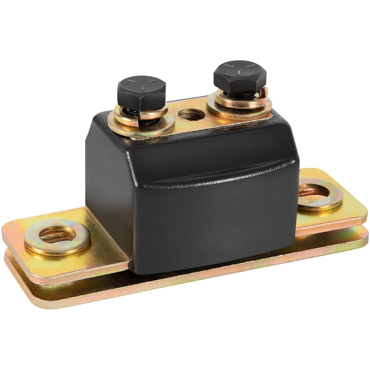 Black polyurethane transmission mount with mounting base plate and two black hex bolts