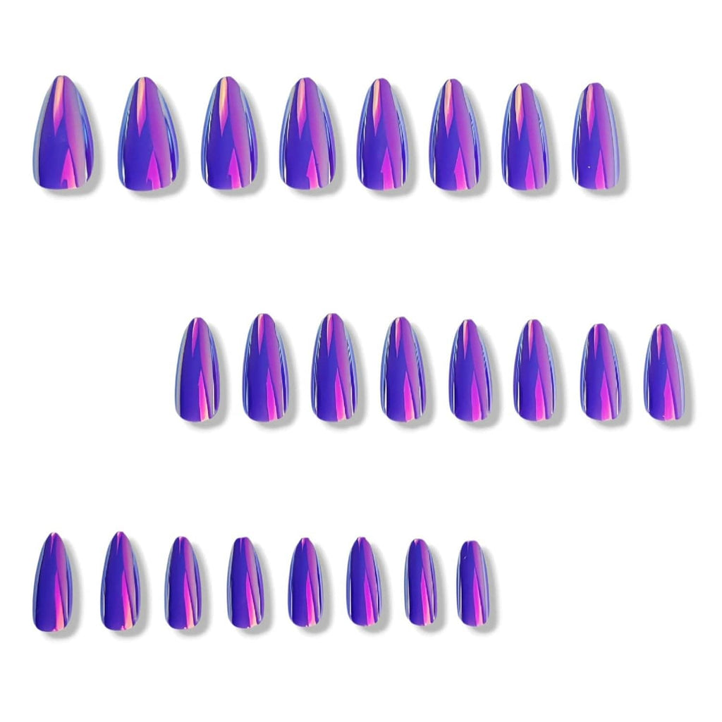 Purple iridescent chrome press-on nails, medium almond shape arranged in rows