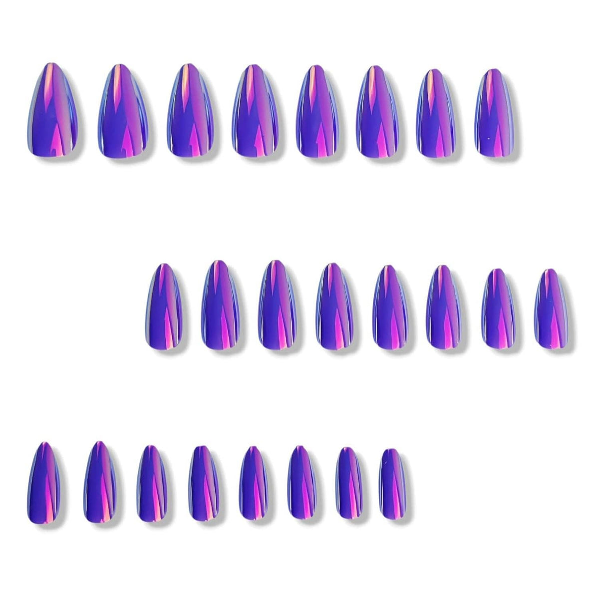Purple iridescent chrome press-on nails, medium almond shape arranged in rows