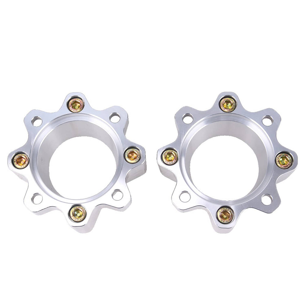 Pair of silver wheel spacers viewed from front with circular hub openings and bolts
