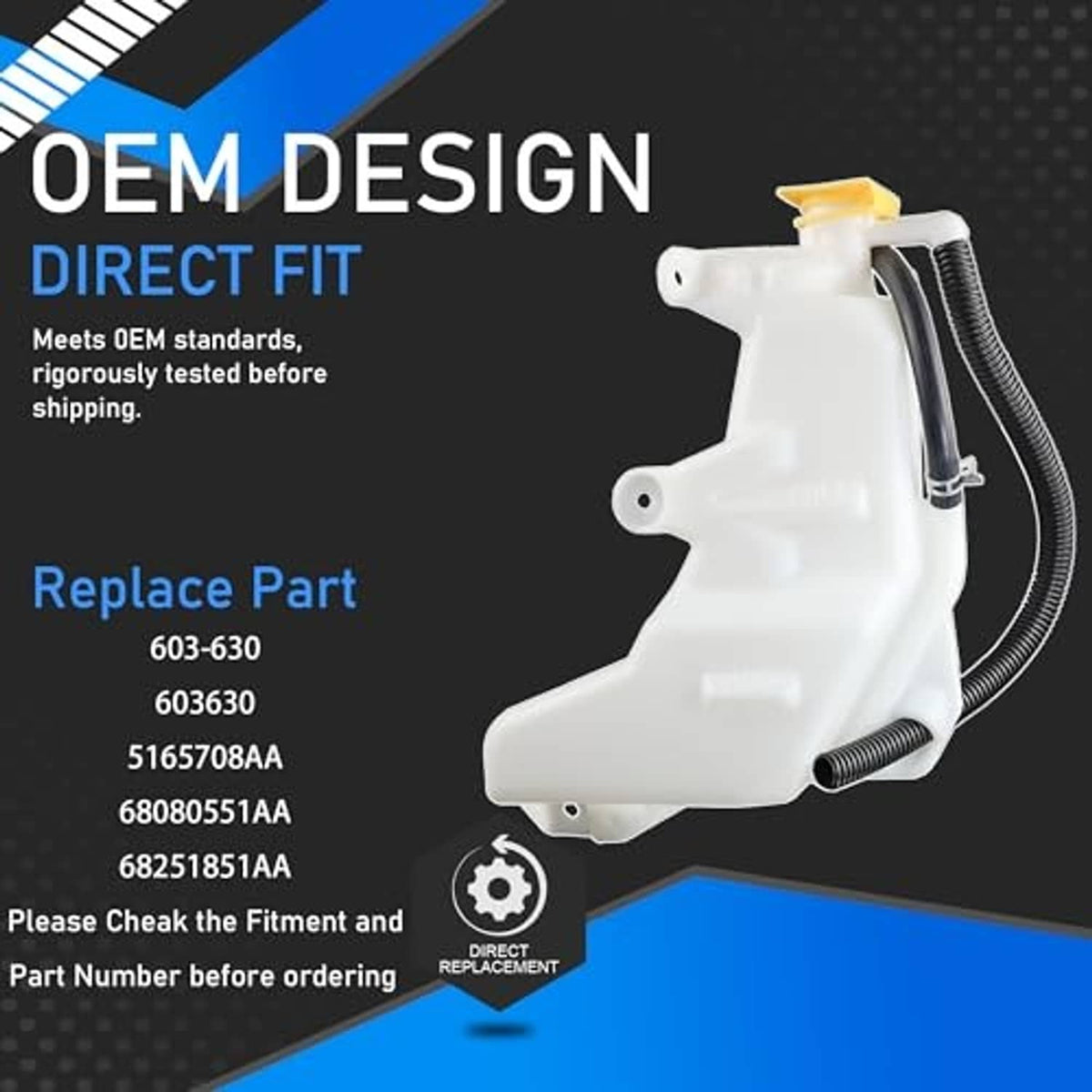 White coolant reservoir tank with black hose and yellow cap, side view