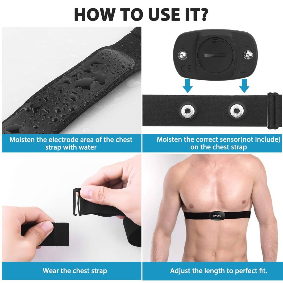 Black elastic chest strap with electrode area and adjustable buckle
