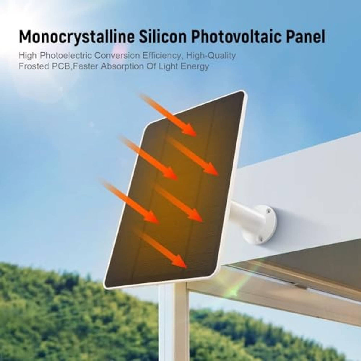 Solar panel on white bracket with sunray effect arrows