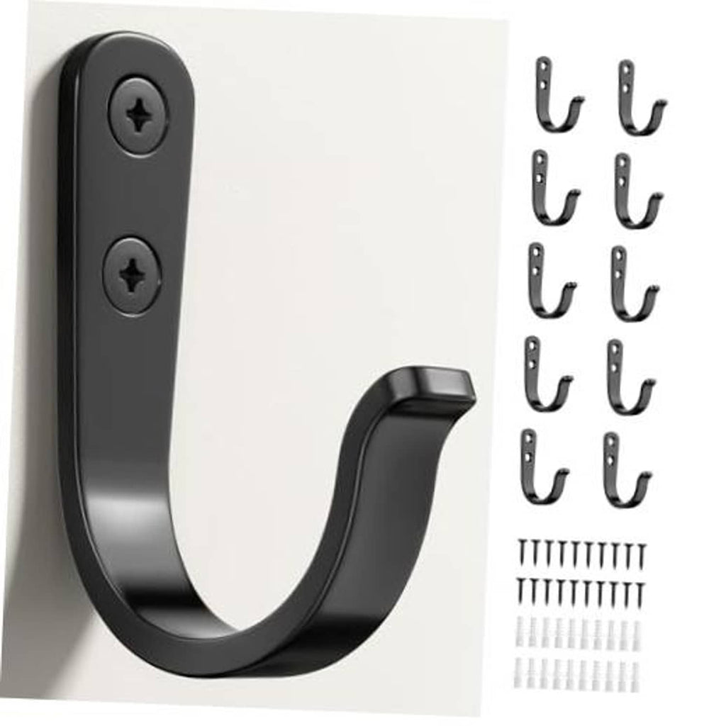 Black U-shaped metal wall hook with two screw holes; includes mounting hardware pieces
