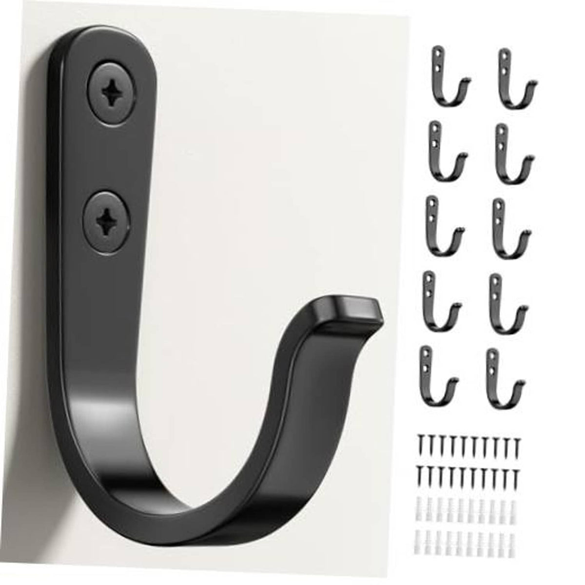 Black U-shaped metal wall hook with two screw holes; includes mounting hardware pieces