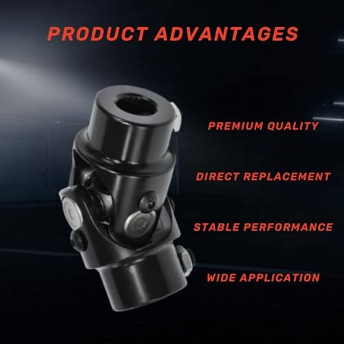 Black steering universal joint, angled view with mounting bolts and central bearing cup