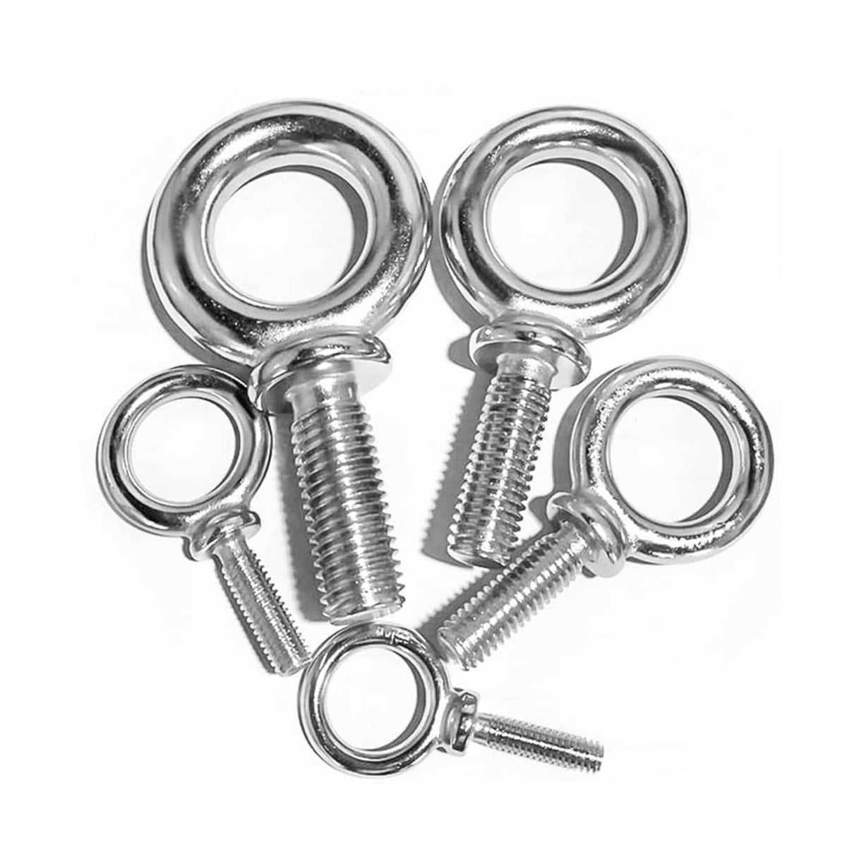 Assorted silver lifting eye bolts with circular loops and threaded stems