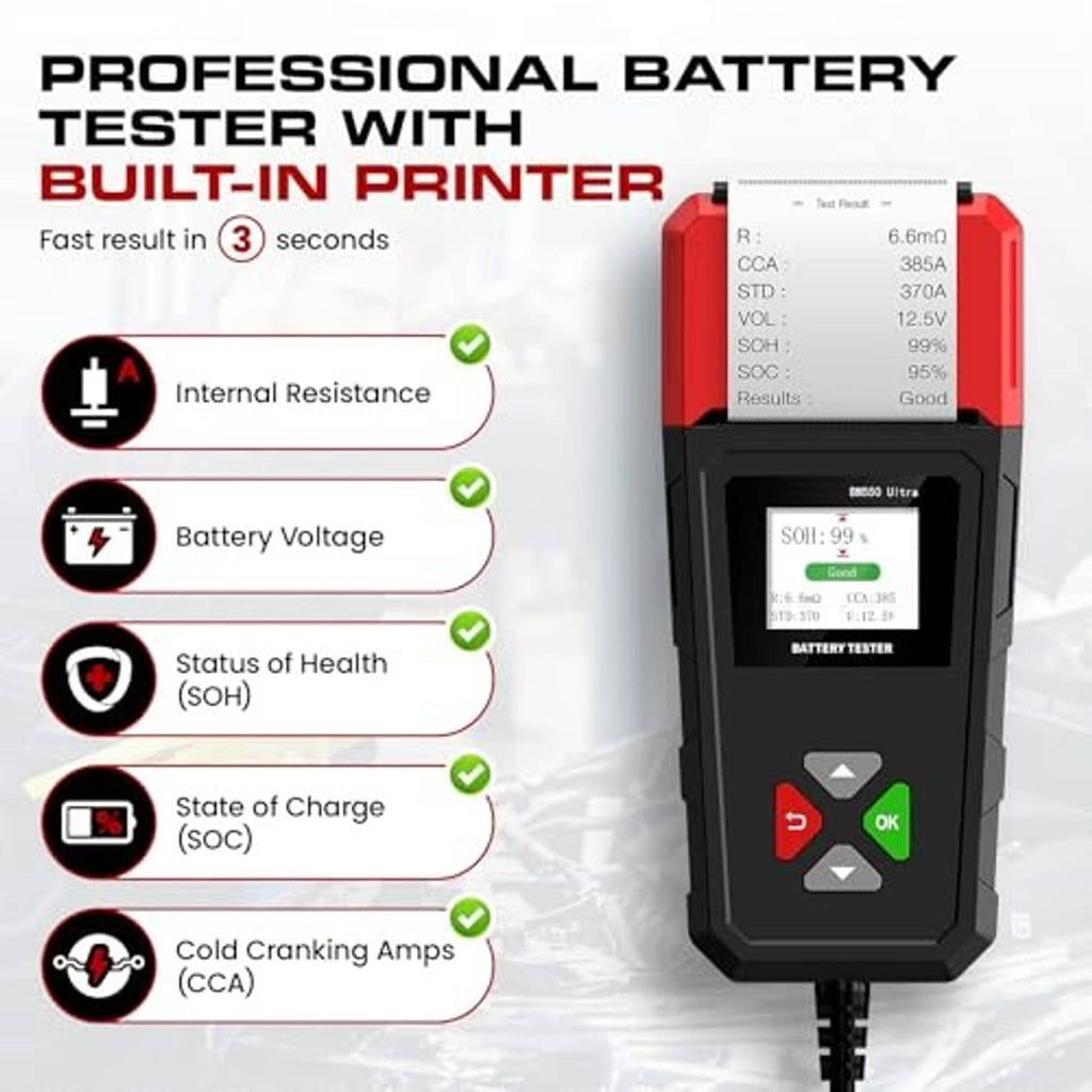 Car battery tester with built-in display showing test results and OK/arrow controls