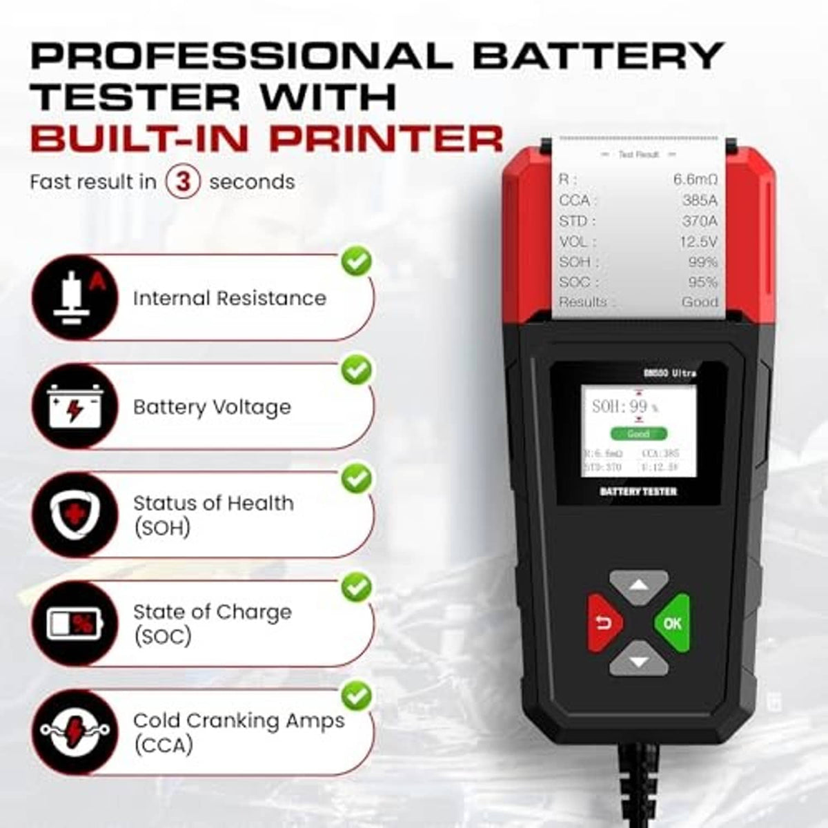 Car battery tester with built-in display showing test results and OK/arrow controls