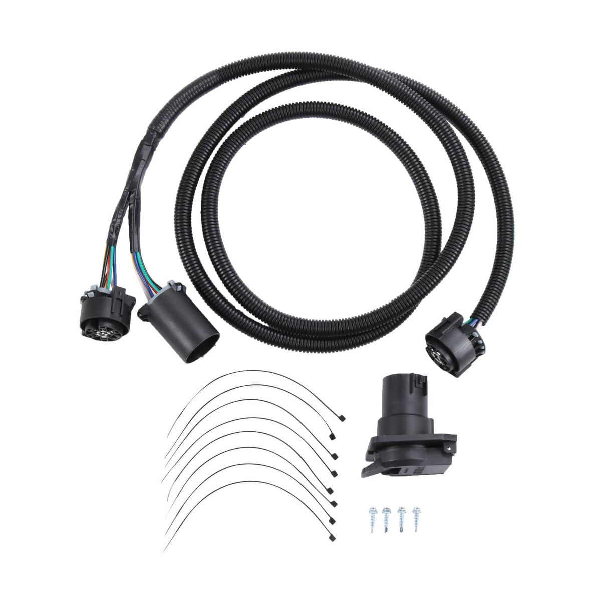 Black 7-pin trailer wiring harness extension with coiled cable and three connector plugs