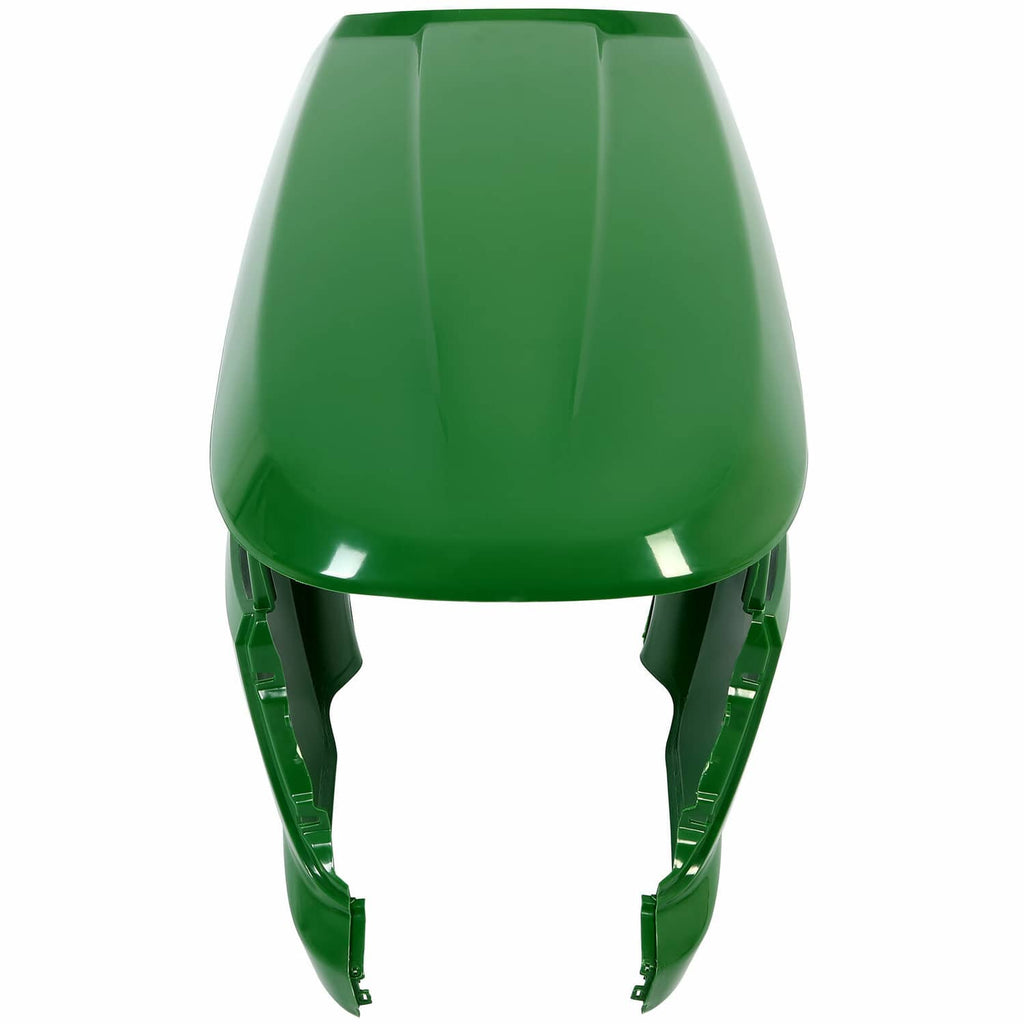 Green lawn mower front hood cover with underside support tabs and molded structure