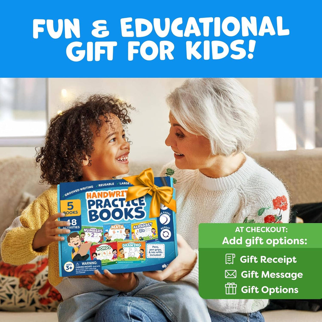 Handwriting practice set gift box held by child and adult over couch background