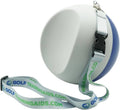 Compression ball golf swing trainer with light gray ball, navy edge, and white strap