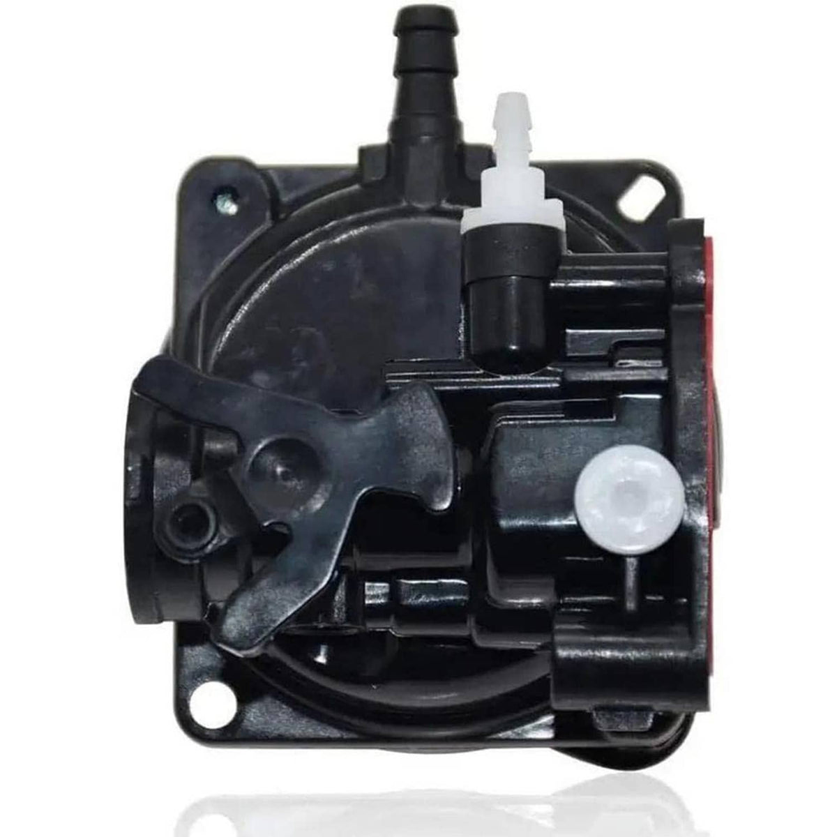 Black carburetor body with intake hose spout and mounting holes