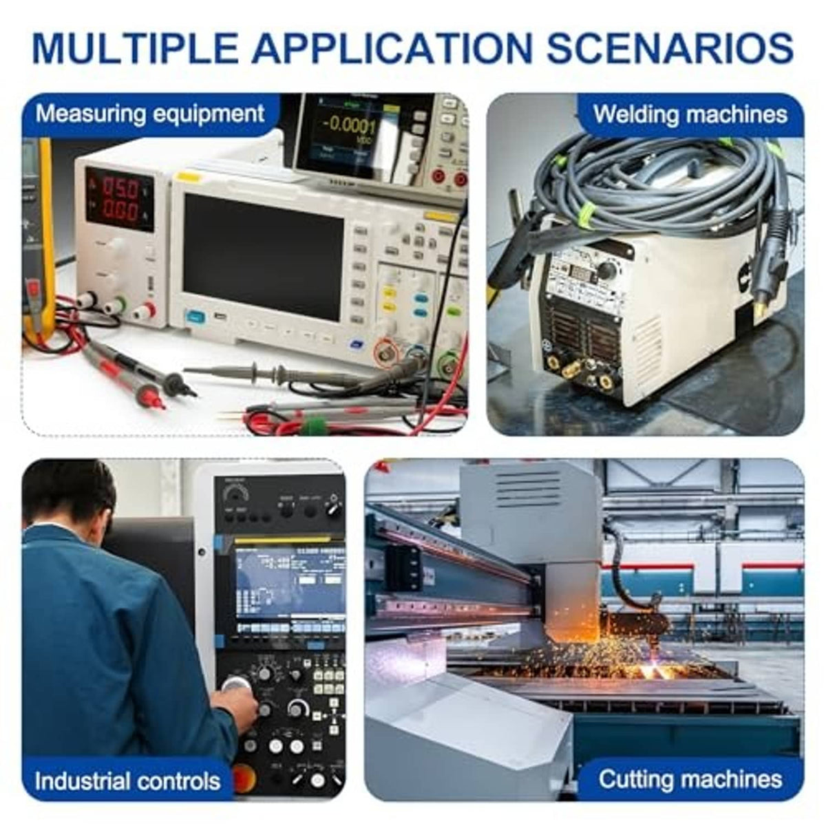 Infographic panel showing rotary potentiometer applications in industrial control and welding