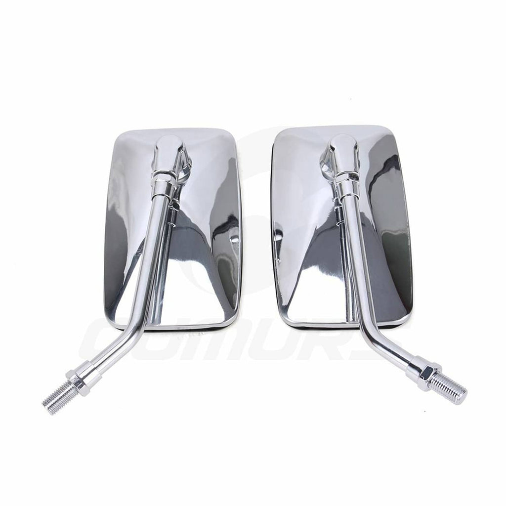 Pair of chrome motorcycle rearview mirrors with reflective housings and angled stems