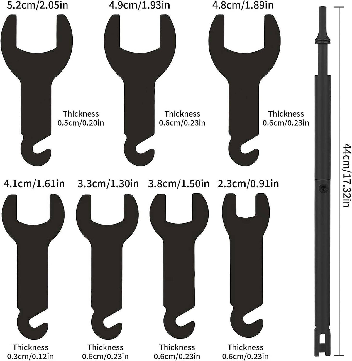 Fan clutch wrench set with multiple fork insert sizes and long handle