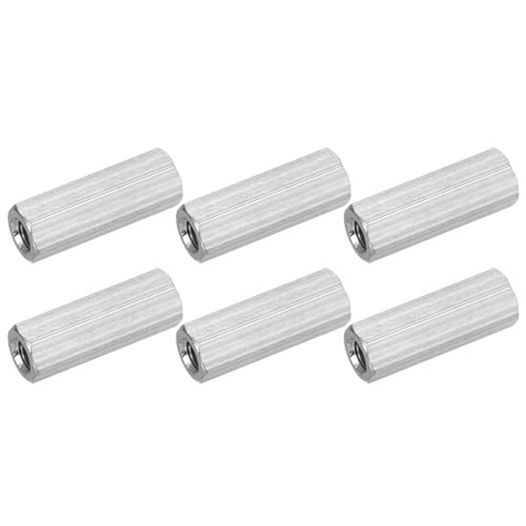Six silver metal coupling nuts with internal threads, hex sleeve shape