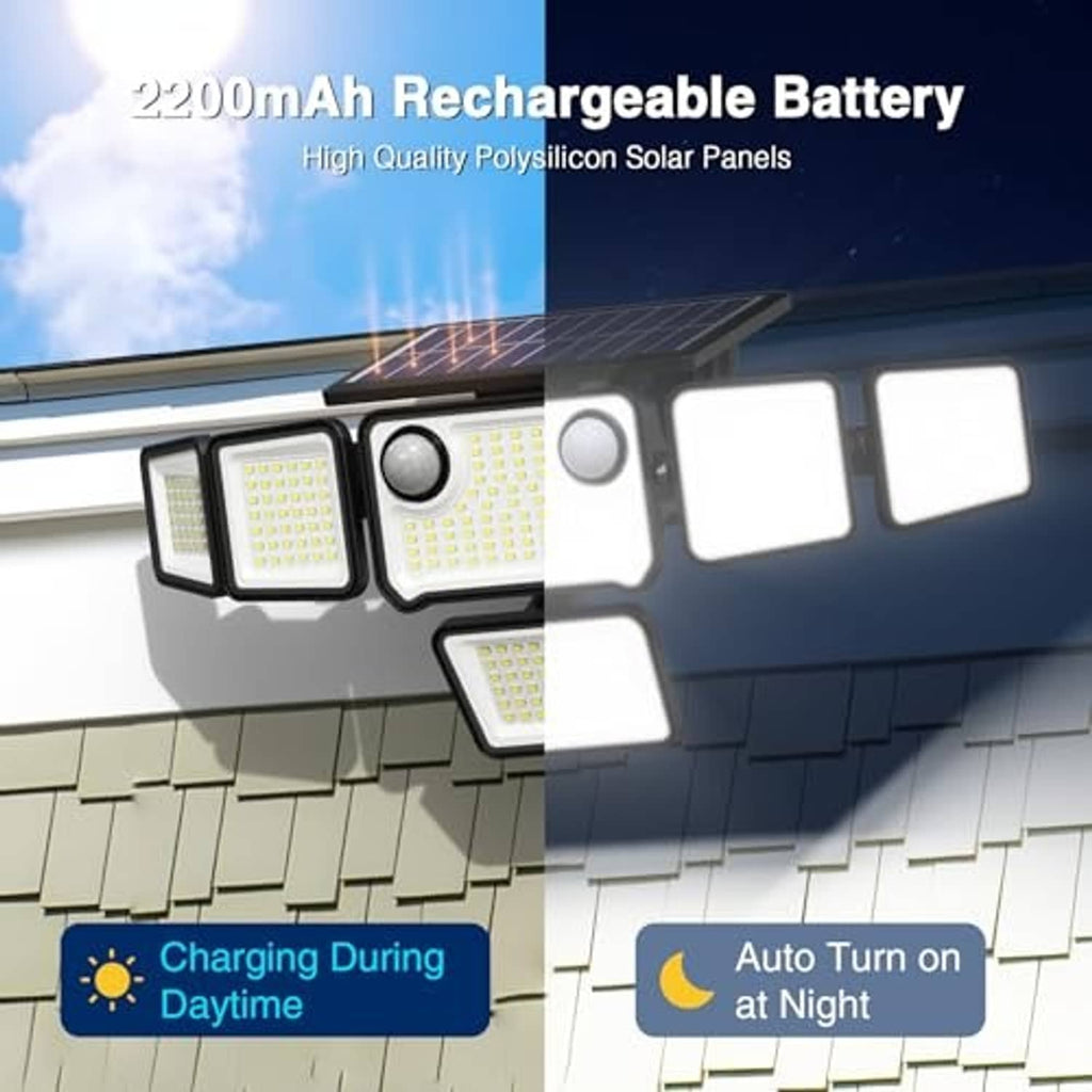 Wall-mounted 6-head solar floodlight with solar panel and multiple LED light blocks