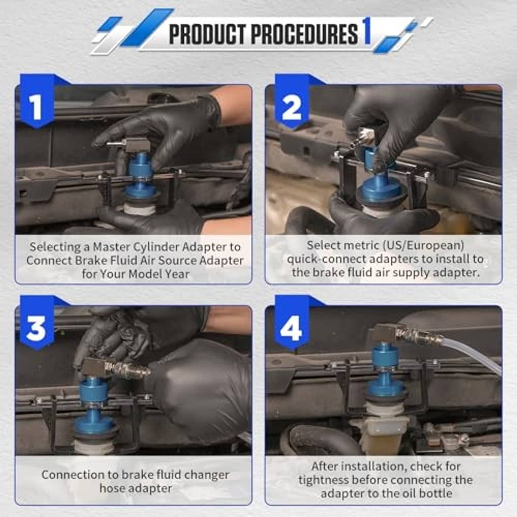 Brake bleeder adapter installation guide showing adapter mounted on master cylinder