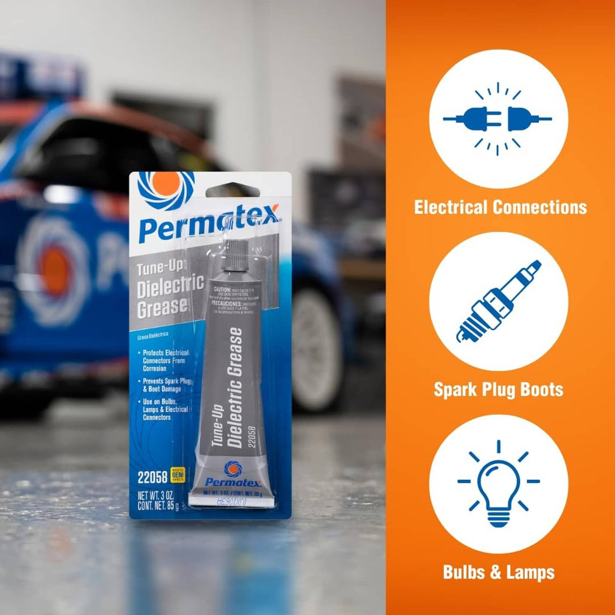 Permatex Dielectric Grease package with electrical connection, spark plug, bulb icons