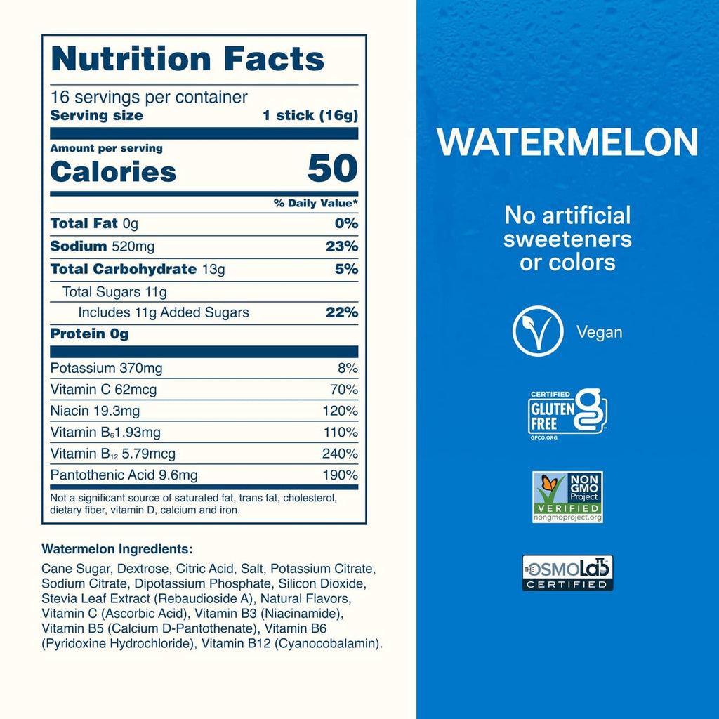 Watermelon Nutrition Facts label for electrolyte drink mix, including ingredients and calories.