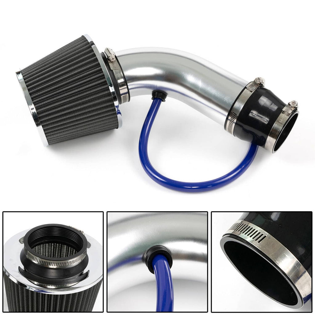Aluminum cold air intake kit with cone air filter, curved pipe, and blue silicone hose
