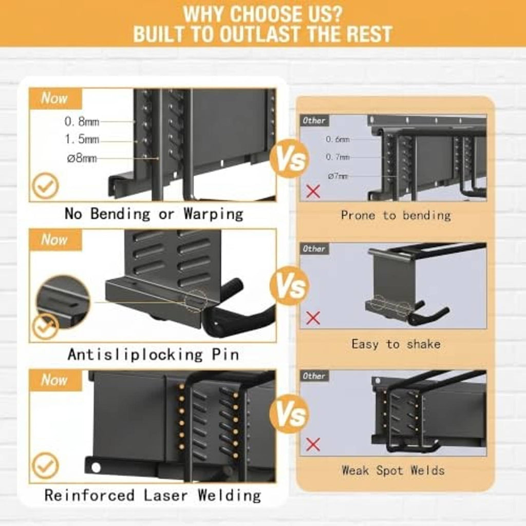 Black steel wall rack bracket with reinforced pin and welding-style construction