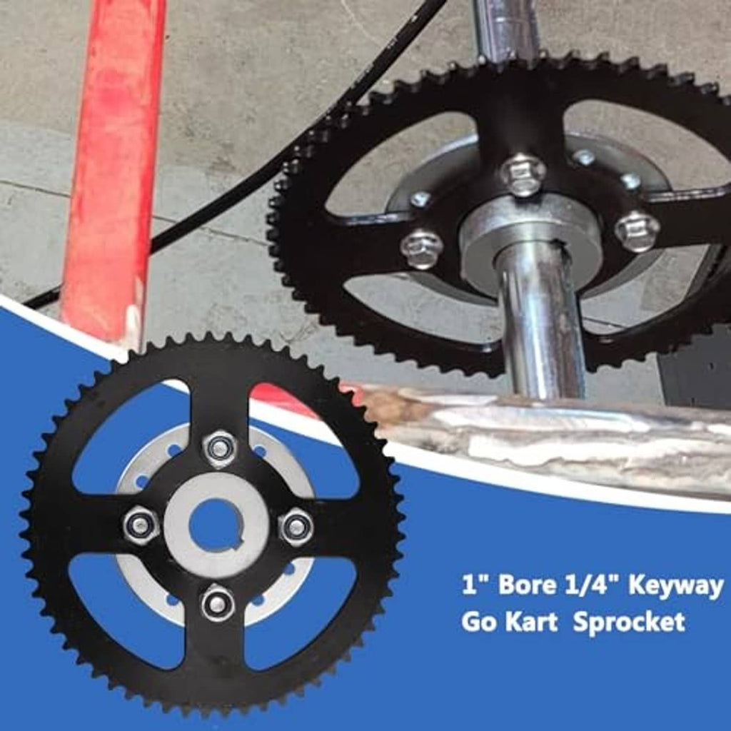 Go-kart rear sprocket mounted on axle, with black toothed wheel and silver hub.
