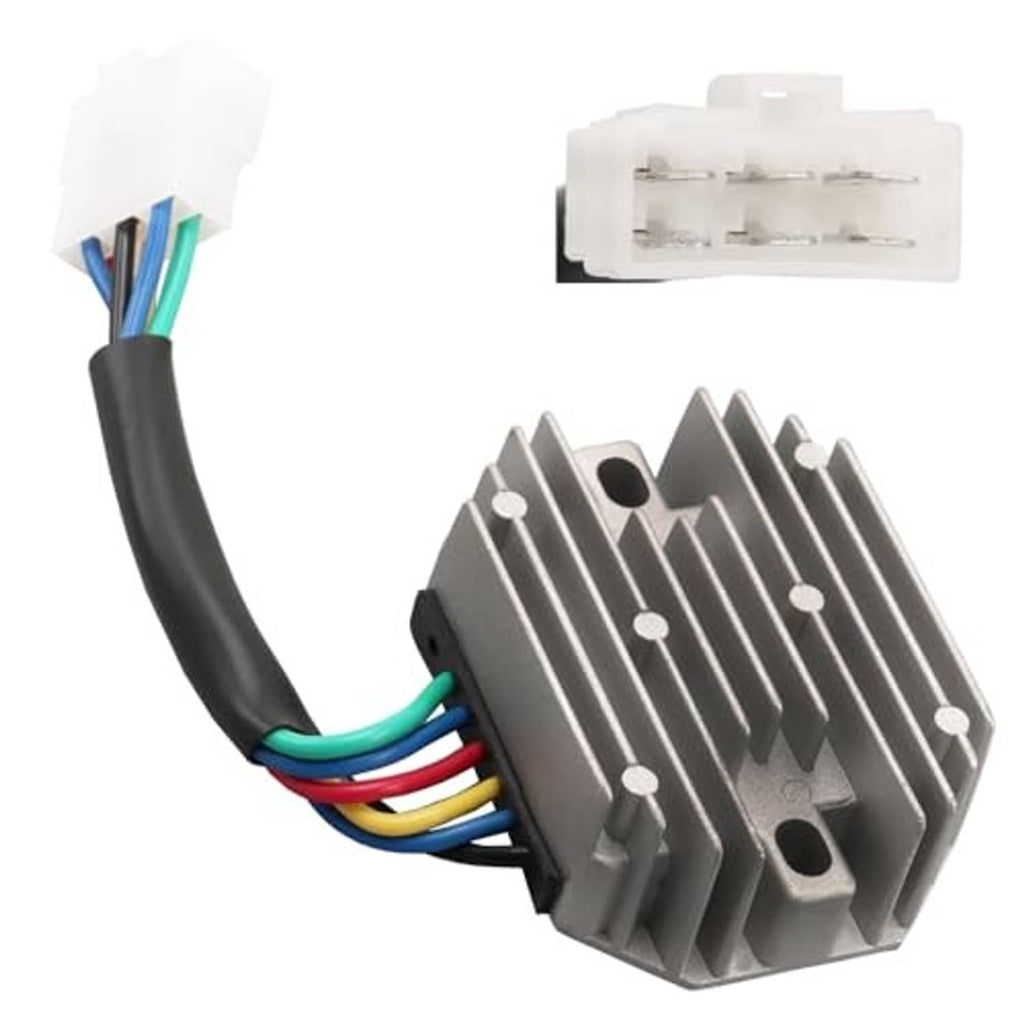 Voltage regulator rectifier with multi-wire lead and white plug, gray ribbed heat sink