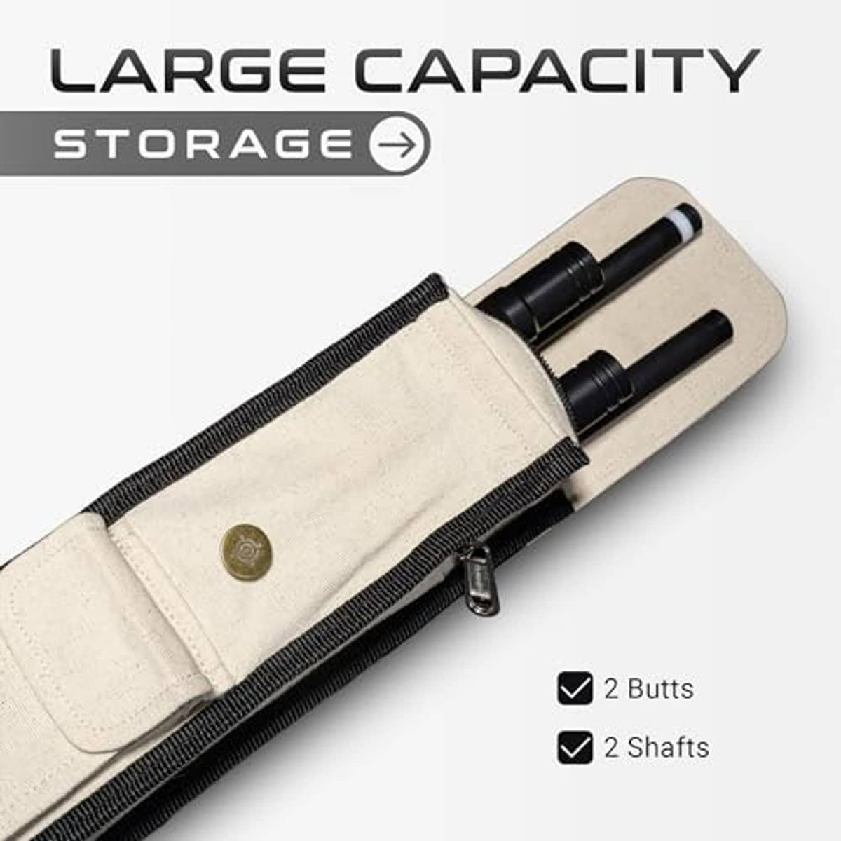 Off-white cue case with two compartment holders and black-capped cue storage