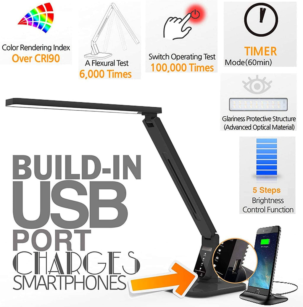 Black LED desk lamp with built-in USB charging port and integrated timer