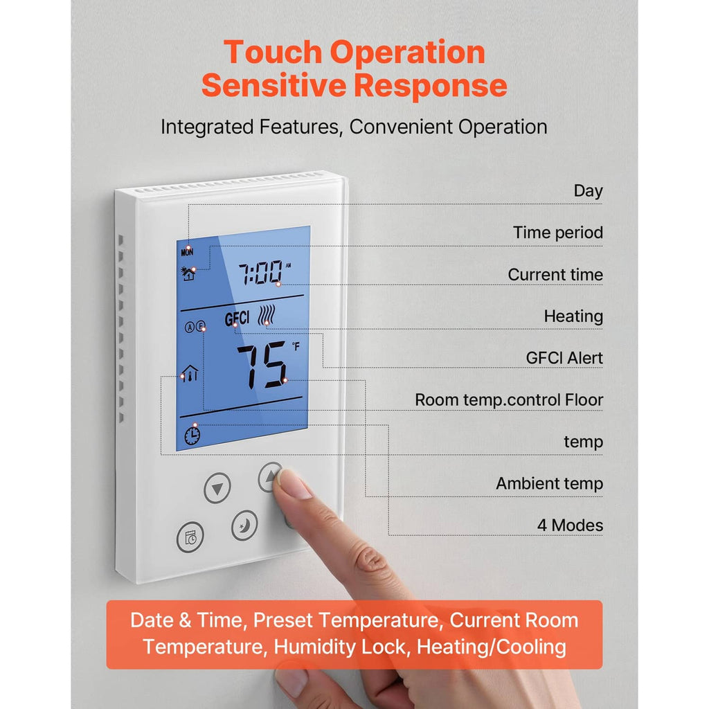 White touch-control thermostat with blue screen and labeled interface diagram